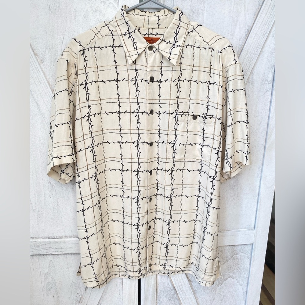 6A By Axis Silk Short Sleeve Button Up Shirt Size M Beige Check Pattern Preppy